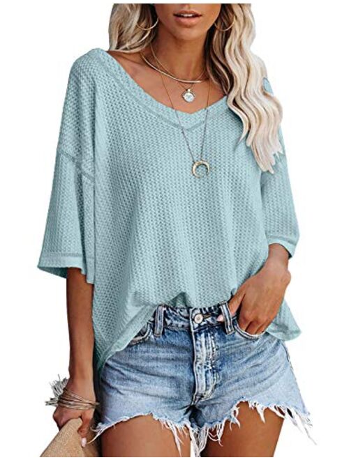 MEROKEETY Women's V Neck Batwing Half Sleeve Shirts Waffle Knit Loose Blouse Solid Color Tops