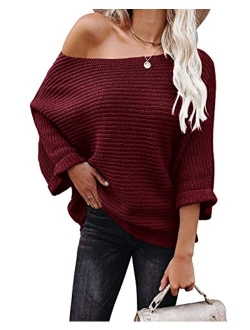 KIRUNDO Women's Off Shoulder Sweaters Batwing 3/4 Sleeves Casual Loose Fit Solid Pullovers Knit Jumper