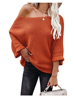 KIRUNDO Women's Off Shoulder Sweaters Batwing 3/4 Sleeves Casual Loose Fit Solid Pullovers Knit Jumper