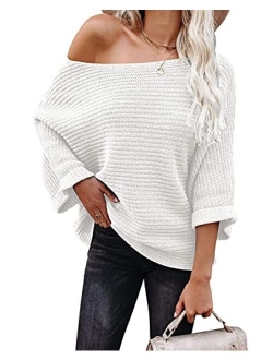 KIRUNDO Women's Off Shoulder Sweaters Batwing 3/4 Sleeves Casual Loose Fit Solid Pullovers Knit Jumper