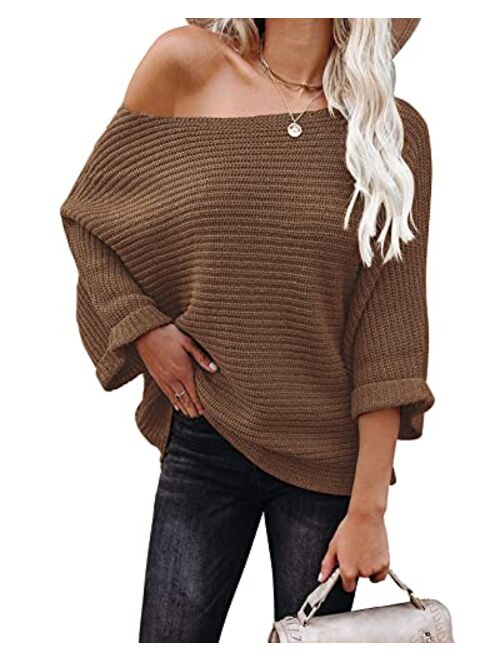 KIRUNDO Women's Off Shoulder Sweaters Batwing 3/4 Sleeves Casual Loose Fit Solid Pullovers Knit Jumper