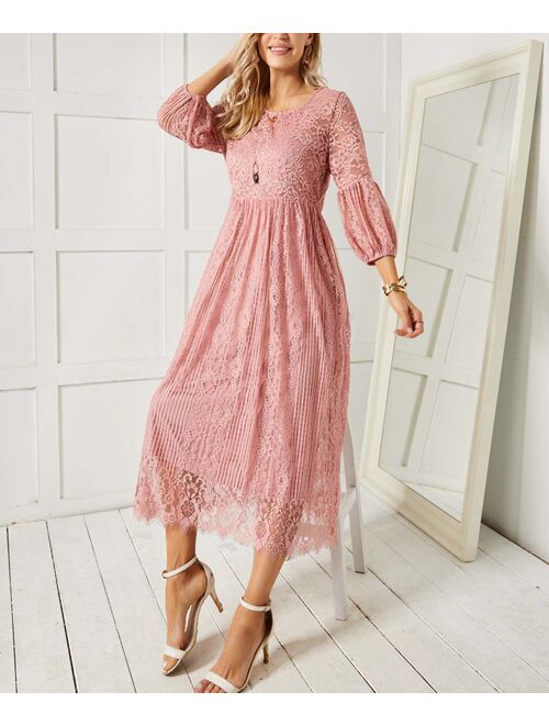 Buy Suzanne Betro Dresses Pink Lace Three-Quarter Lantern-Sleeve Midi ...