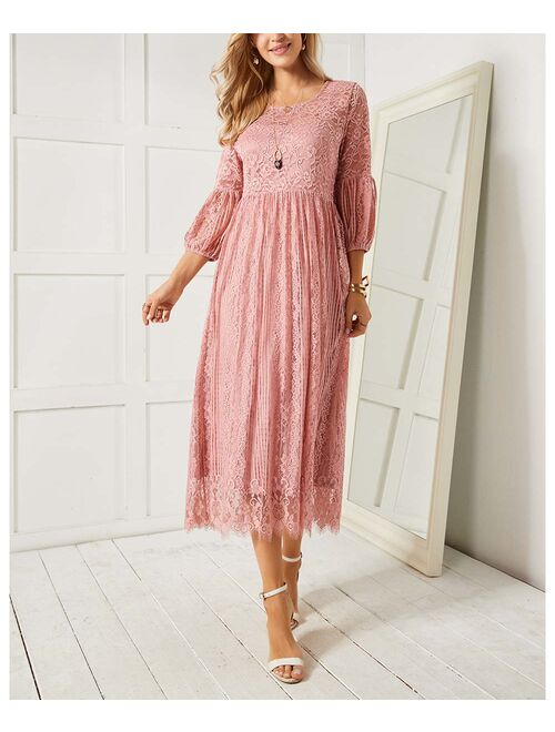 Suzanne Betro Dresses Pink Lace Three-Quarter Lantern-Sleeve Midi Dress - Women & Plus