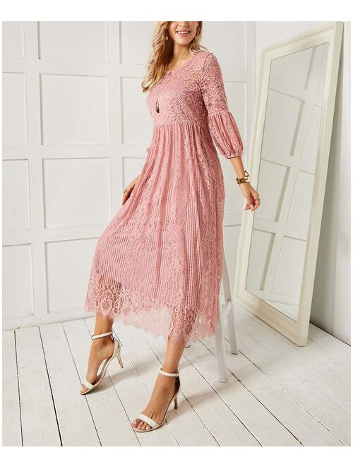 Suzanne Betro Dresses Pink Lace Three-Quarter Lantern-Sleeve Midi Dress - Women & Plus