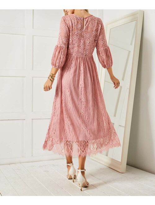 Suzanne Betro Dresses Pink Lace Three-Quarter Lantern-Sleeve Midi Dress - Women & Plus