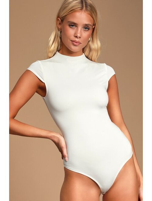 Lulus Sleek Style White Funnel Neck Bodysuit