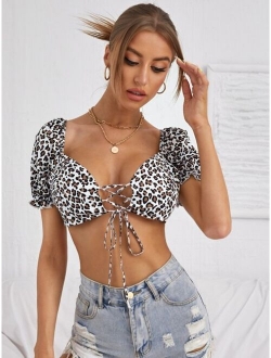 Puff Sleeve Tie Front Leopard Crop Top