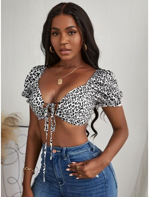 Shein Puff Sleeve Tie Front Leopard Crop Top