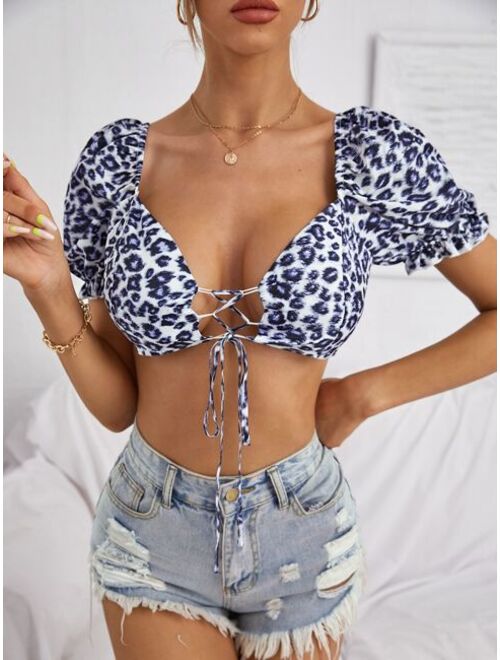 Shein Puff Sleeve Tie Front Leopard Crop Top