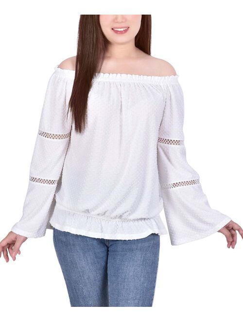 New York Collective Ivory Lattice-Accent Bell-Sleeve Off-Shoulder Top - Petite