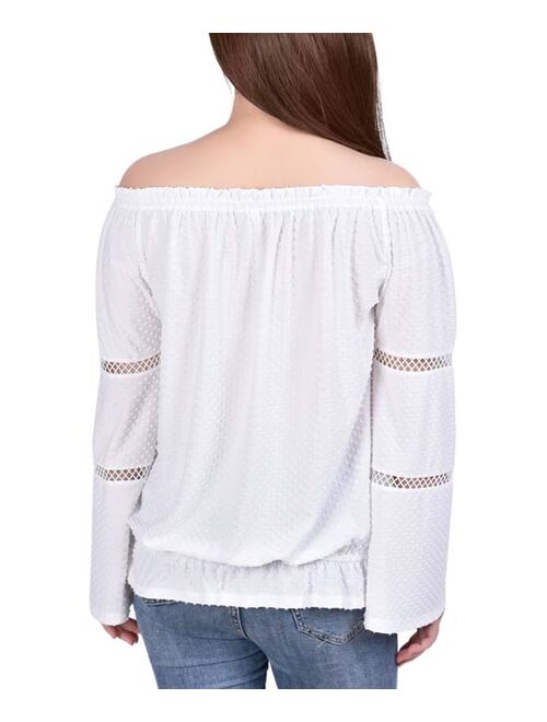 New York Collective Ivory Lattice-Accent Bell-Sleeve Off-Shoulder Top - Petite