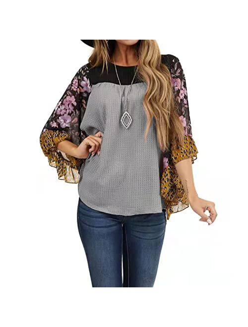 casuress Womens Floral Printed 3 4 Sleeve Shirt Batwing Loose Tops Blouses Pollover