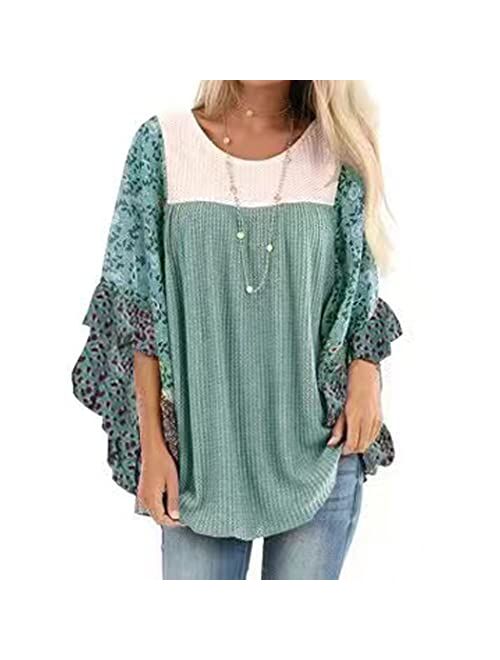 casuress Womens Floral Printed 3 4 Sleeve Shirt Batwing Loose Tops Blouses Pollover