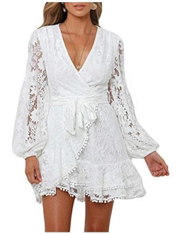 Women's Floral Flower Lace Faux Wrap Mini Dresses V Neck Long Lantern Sleeve Swing Short Dress with Waist Ties