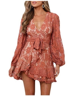 Women's Floral Flower Lace Faux Wrap Mini Dresses V Neck Long Lantern Sleeve Swing Short Dress with Waist Ties