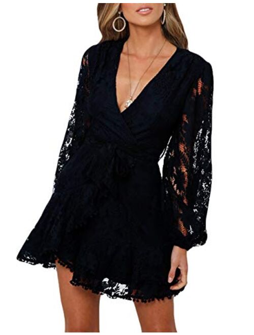 Women's Floral Flower Lace Faux Wrap Mini Dresses V Neck Long Lantern Sleeve Swing Short Dress with Waist Ties