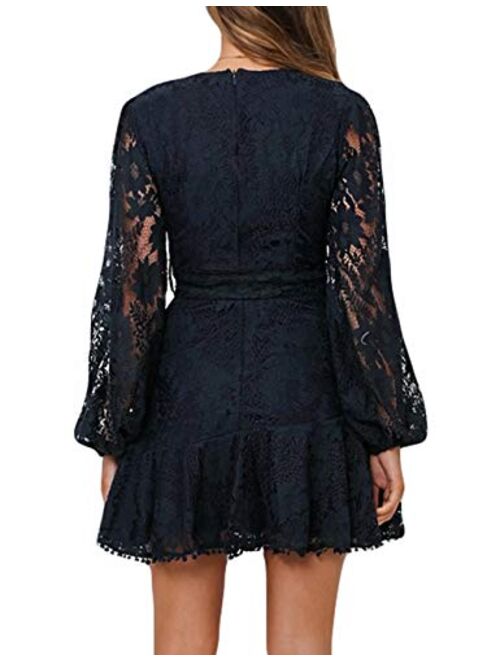 Women's Floral Flower Lace Faux Wrap Mini Dresses V Neck Long Lantern Sleeve Swing Short Dress with Waist Ties