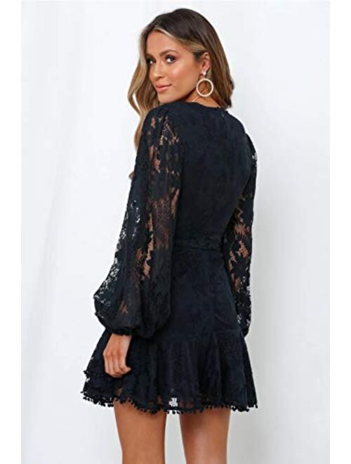 Women's Floral Flower Lace Faux Wrap Mini Dresses V Neck Long Lantern Sleeve Swing Short Dress with Waist Ties