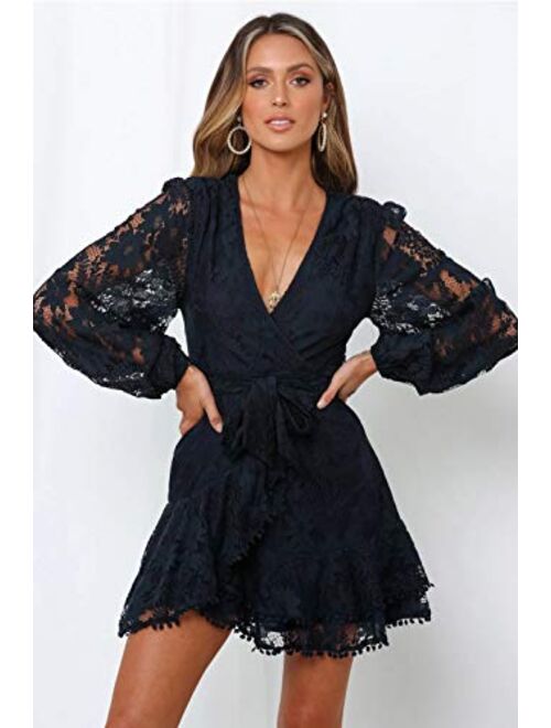 Women's Floral Flower Lace Faux Wrap Mini Dresses V Neck Long Lantern Sleeve Swing Short Dress with Waist Ties