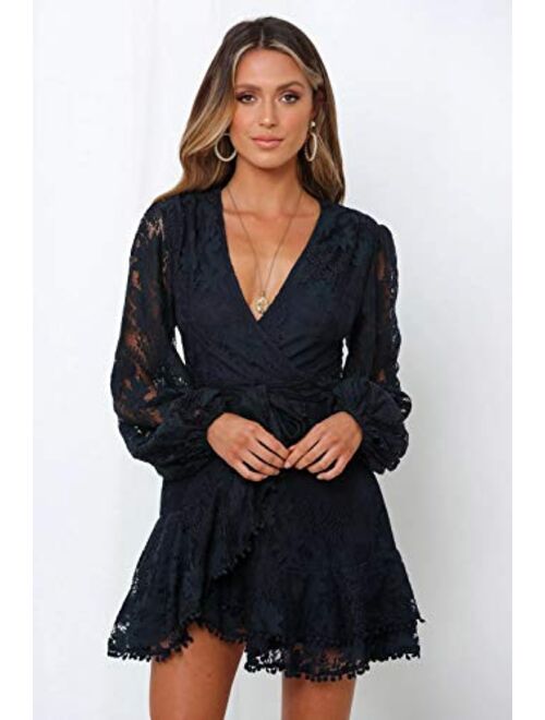 Women's Floral Flower Lace Faux Wrap Mini Dresses V Neck Long Lantern Sleeve Swing Short Dress with Waist Ties