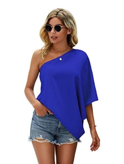 Women's One Shoulder Batwing Half Sleeve T Shirt Asymmetrical Solid Tee Tops