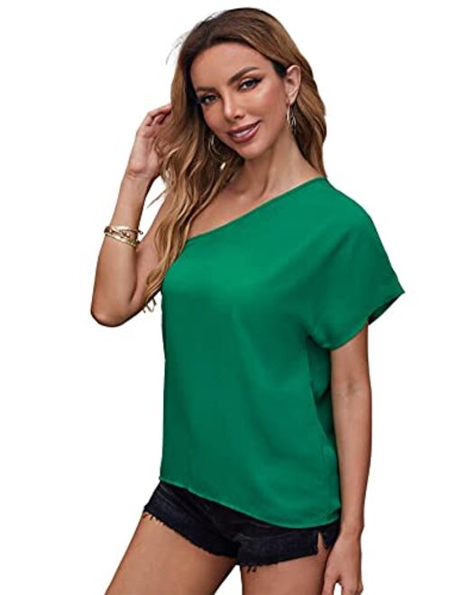 SheIn Women's One Shoulder Batwing Half Sleeve T Shirt Asymmetrical Solid Tee Tops