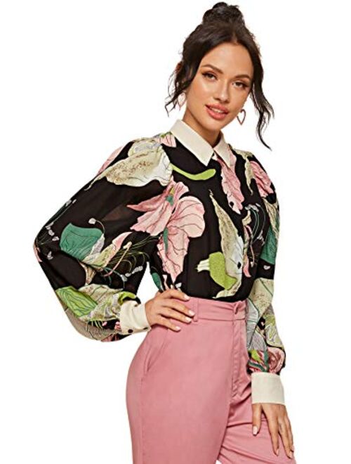 Romwe Women's Elegant Tropical Print Lantern Long Sleeve Button Down Lapel Blouse Tops