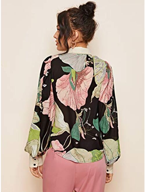 Romwe Women's Elegant Tropical Print Lantern Long Sleeve Button Down Lapel Blouse Tops