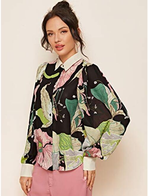 Romwe Women's Elegant Tropical Print Lantern Long Sleeve Button Down Lapel Blouse Tops