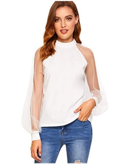 Women's Mesh Sheer Long Sleeve Puff Solid Loose Party Blouse Tops