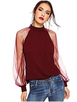 Women's Mesh Sheer Long Sleeve Puff Solid Loose Party Blouse Tops