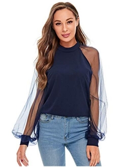 Women's Mesh Sheer Long Sleeve Puff Solid Loose Party Blouse Tops