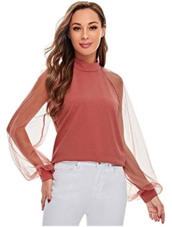 Women's Mesh Sheer Long Sleeve Puff Solid Loose Party Blouse Tops