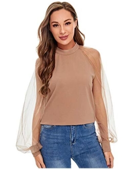 Women's Mesh Sheer Long Sleeve Puff Solid Loose Party Blouse Tops