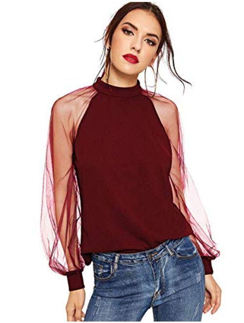 Romwe Women's Mesh Sheer Long Sleeve Puff Solid Loose Party Blouse Tops