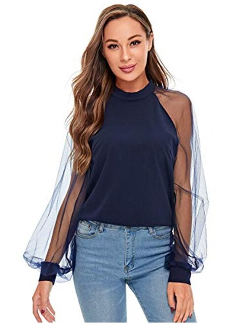 Romwe Women's Mesh Sheer Long Sleeve Puff Solid Loose Party Blouse Tops