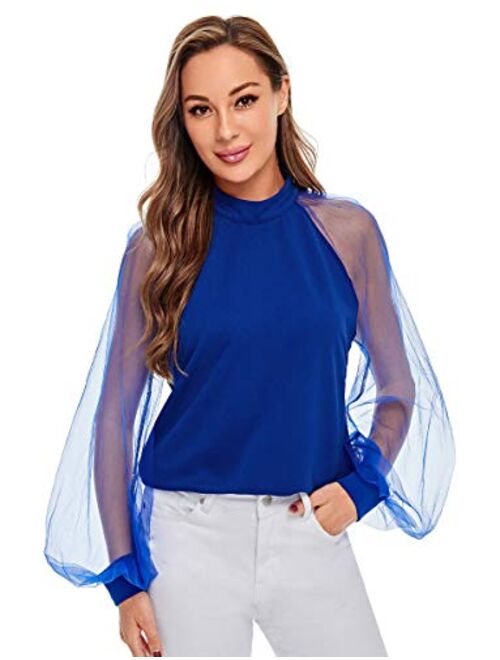 Romwe Women's Mesh Sheer Long Sleeve Puff Solid Loose Party Blouse Tops