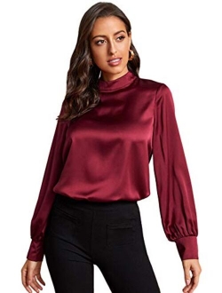 Women's Elegant Mock Neck Long Sleeve Satin Blouse Top