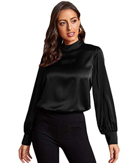 Verdusa Women's Elegant Mock Neck Long Sleeve Satin Blouse Top