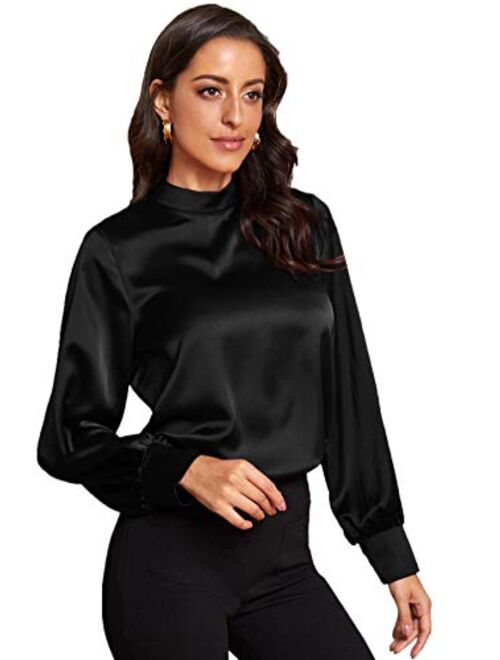 Verdusa Women's Elegant Mock Neck Long Sleeve Satin Blouse Top