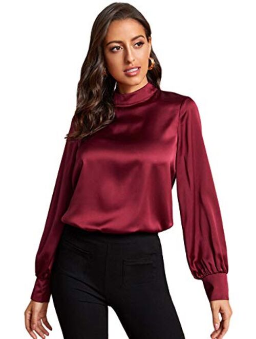 Verdusa Women's Elegant Mock Neck Long Sleeve Satin Blouse Top