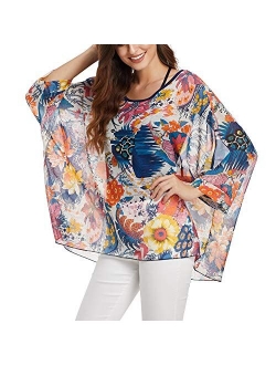 Women's Bohemian Style Batwing Sleeve Butterflies Printed Chiffon Caftan Poncho Tunic Top Beach Loose Shirt