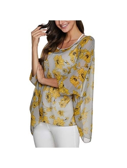 Women's Bohemian Style Batwing Sleeve Butterflies Printed Chiffon Caftan Poncho Tunic Top Beach Loose Shirt