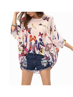 Women's Bohemian Style Batwing Sleeve Butterflies Printed Chiffon Caftan Poncho Tunic Top Beach Loose Shirt