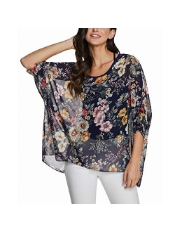 Women's Bohemian Style Batwing Sleeve Butterflies Printed Chiffon Caftan Poncho Tunic Top Beach Loose Shirt