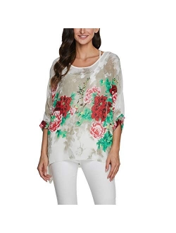 Women's Bohemian Style Batwing Sleeve Butterflies Printed Chiffon Caftan Poncho Tunic Top Beach Loose Shirt