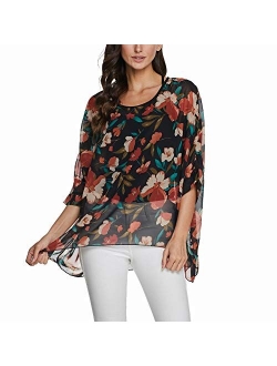 Women's Bohemian Style Batwing Sleeve Butterflies Printed Chiffon Caftan Poncho Tunic Top Beach Loose Shirt