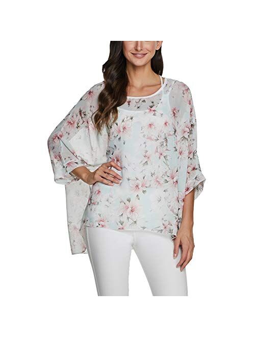 Women's Bohemian Style Batwing Sleeve Butterflies Printed Chiffon Caftan Poncho Tunic Top Beach Loose Shirt