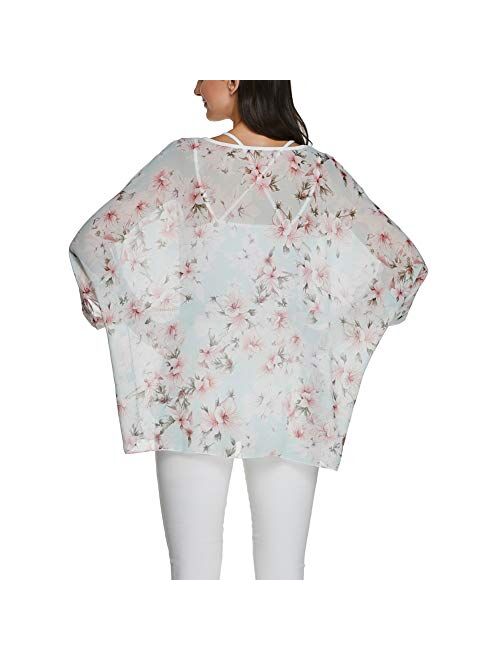 Women's Bohemian Style Batwing Sleeve Butterflies Printed Chiffon Caftan Poncho Tunic Top Beach Loose Shirt