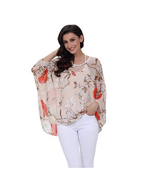 Women's Bohemian Style Batwing Sleeve Butterflies Printed Chiffon Caftan Poncho Tunic Top Beach Loose Shirt